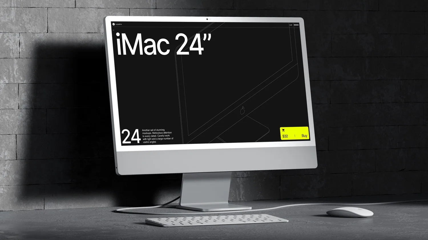 Mockup de iMac de 24 polegadas numa mesa, contra uma parede de concreto escuro.