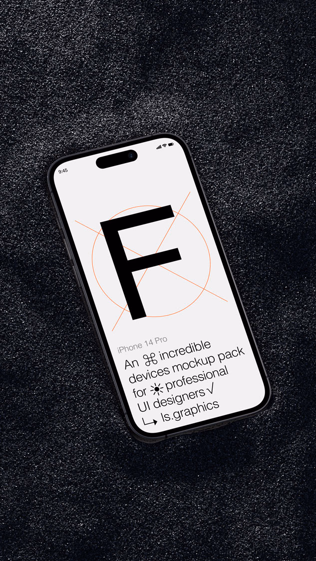 Celular com a tela branca e uma grande letra F, sobre um chão escuro e texturizado.