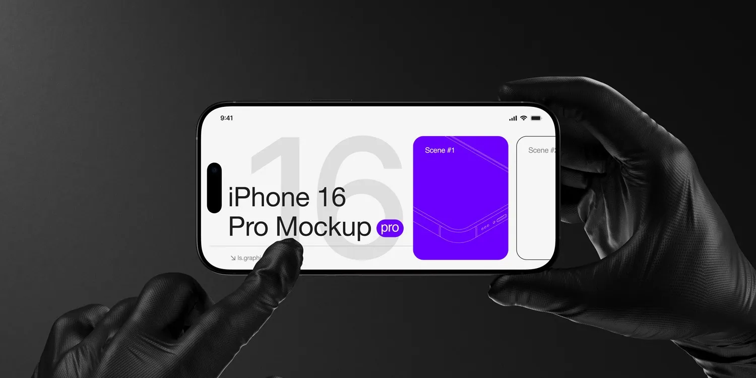 Mãos de luva segurando um celular deitado, com a tela de um mockup de iPhone 16 Pro.