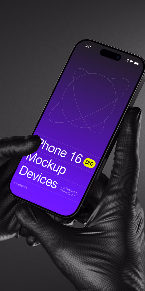 Mão de luva segurando um celular com a tela roxa de um mockup de iPhone 16.